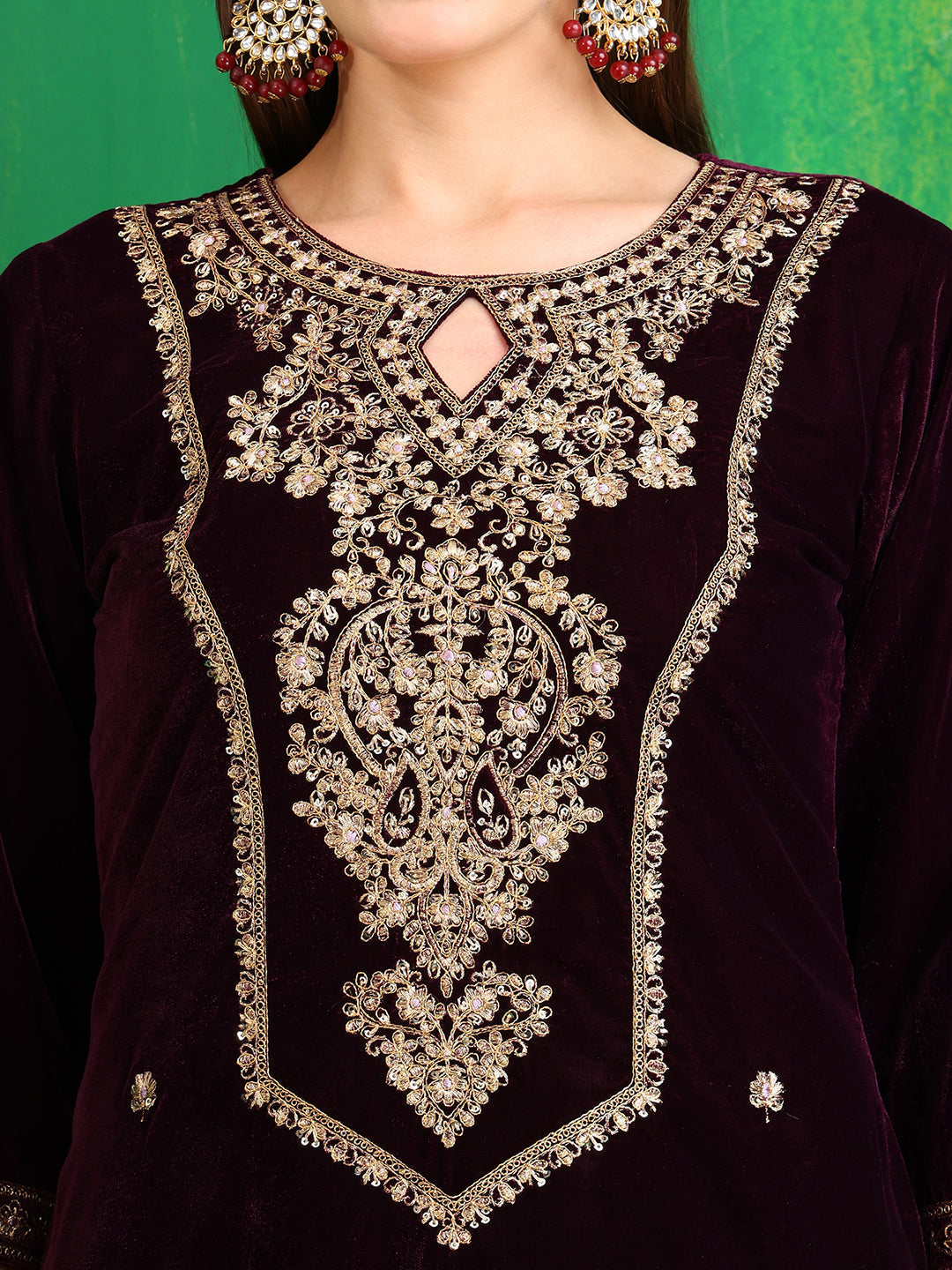 Velvet Embroidered Kurta With Pant & Embroidered Velvet Dupatta, Wine - Hiral Fashion - Distacart