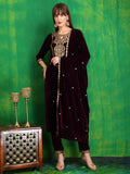 Velvet Embroidered Kurta With Pant & Embroidered Velvet Dupatta, Wine - Hiral Fashion - Distacart