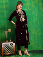 Velvet Embroidered Kurta With Pant & Embroidered Velvet Dupatta, Wine - Hiral Fashion - Distacart