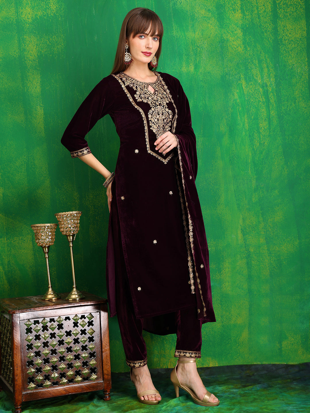 Velvet Embroidered Kurta With Pant & Embroidered Velvet Dupatta, Wine - Hiral Fashion - Distacart