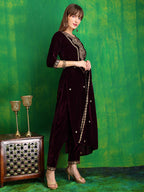 Velvet Embroidered Kurta With Pant & Embroidered Velvet Dupatta, Wine - Hiral Fashion - Distacart