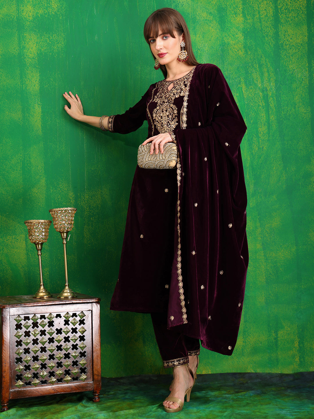 Velvet Embroidered Kurta With Pant & Embroidered Velvet Dupatta, Wine - Hiral Fashion - Distacart