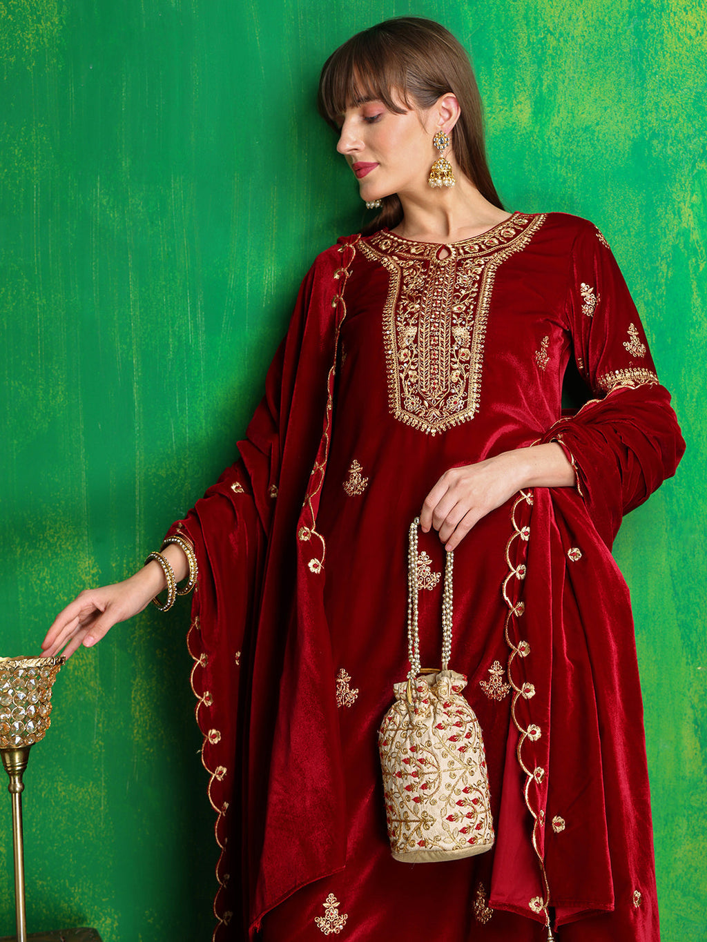 Thread & Sequined Embroidered Velvet Kurta With Pant & Embroidered Dupatta, Maroon - Hiral Fashion - Distacart