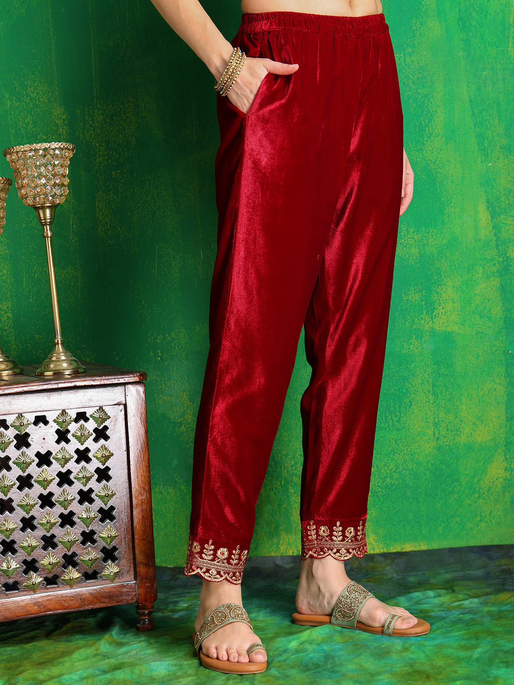 Thread & Sequined Embroidered Velvet Kurta With Pant & Embroidered Dupatta, Maroon - Hiral Fashion - Distacart
