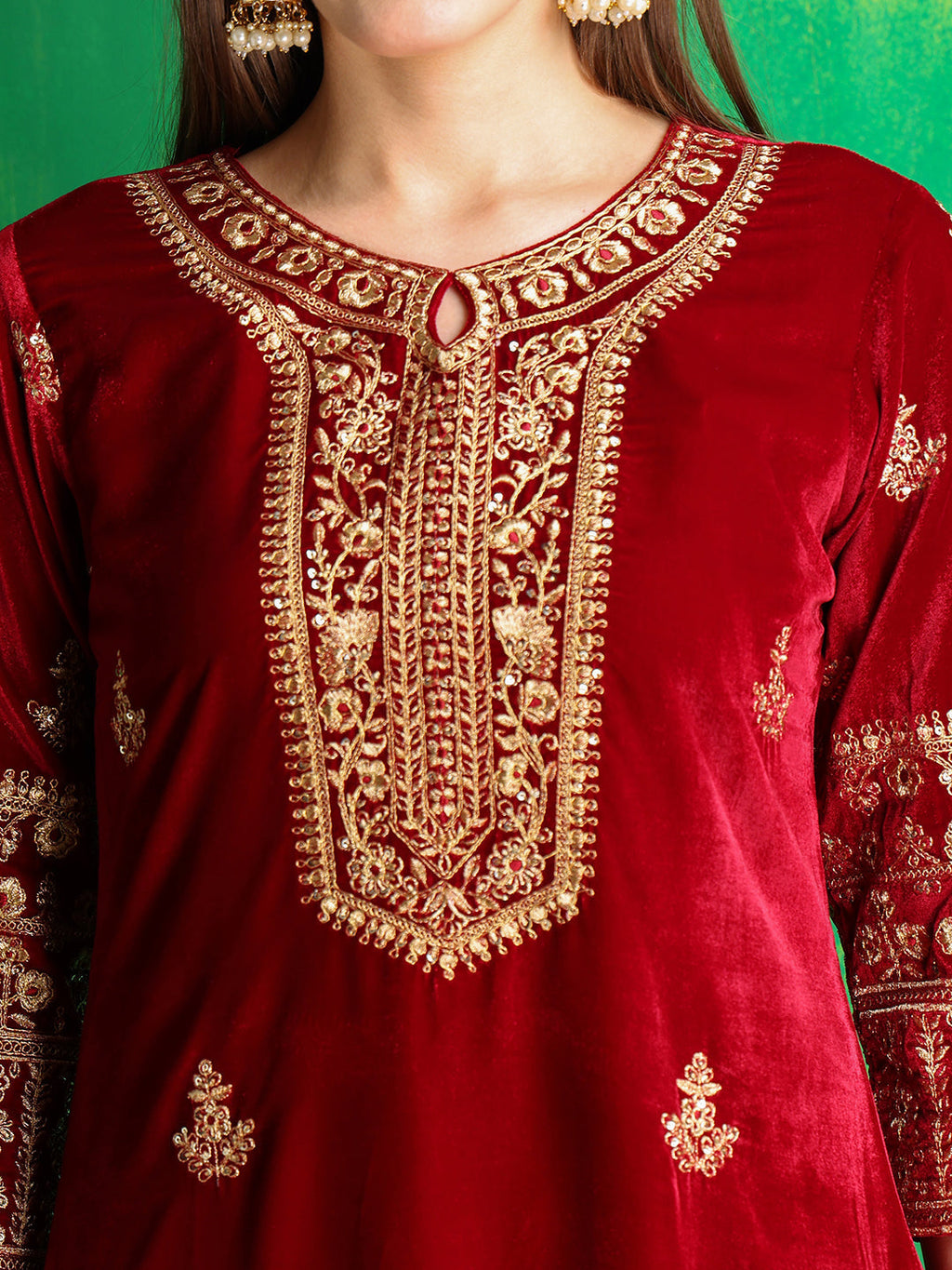 Thread & Sequined Embroidered Velvet Kurta With Pant & Embroidered Dupatta, Maroon - Hiral Fashion - Distacart