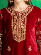 Thread & Sequined Embroidered Velvet Kurta With Pant & Embroidered Dupatta, Maroon - Hiral Fashion - Distacart