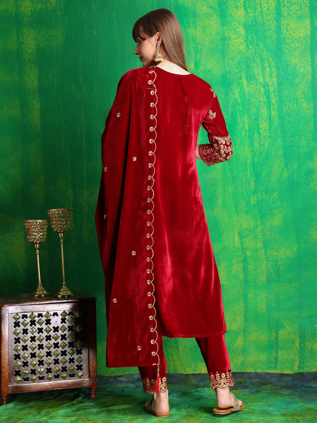 Thread & Sequined Embroidered Velvet Kurta With Pant & Embroidered Dupatta, Maroon - Hiral Fashion - Distacart