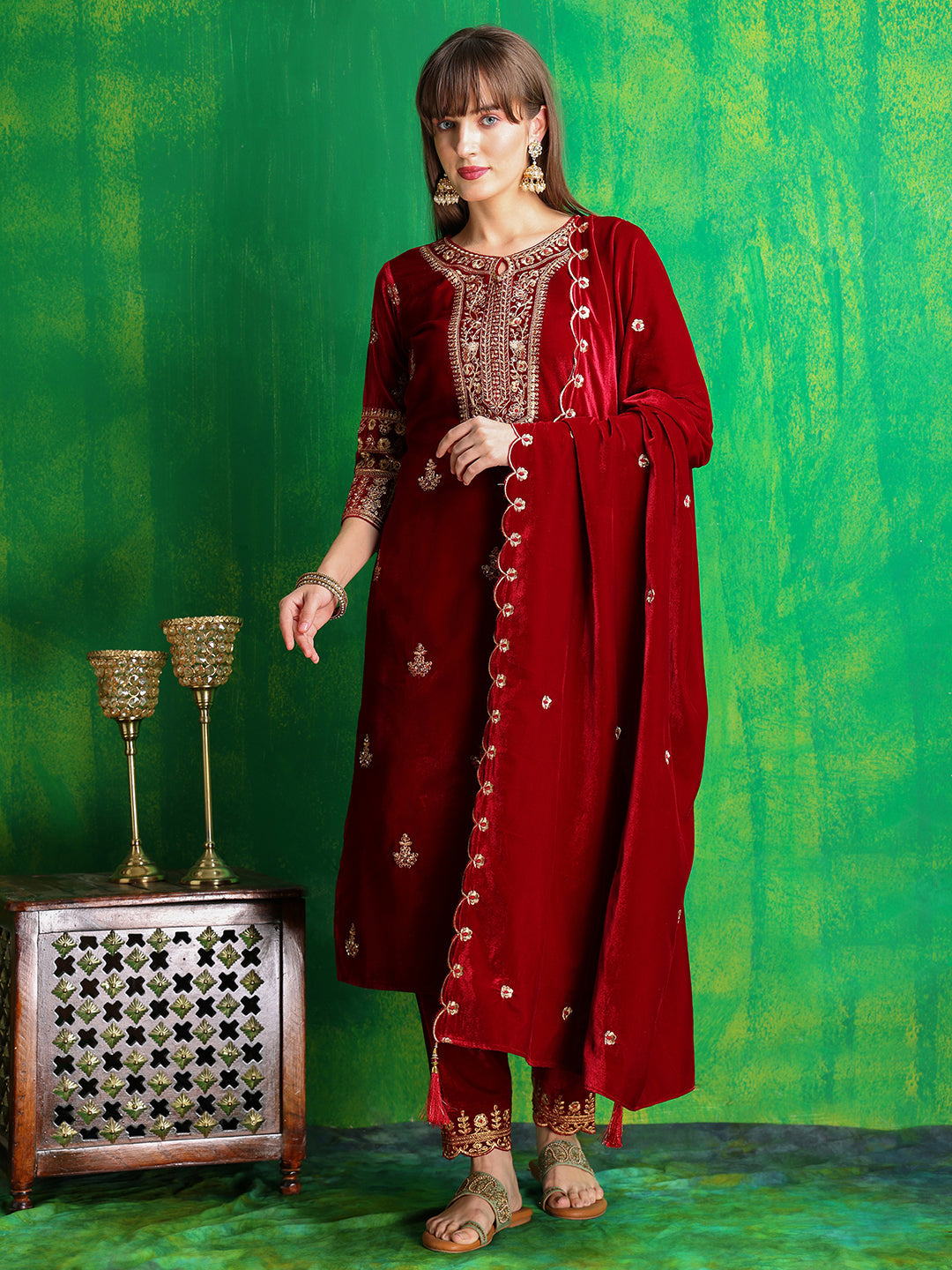 Thread & Sequined Embroidered Velvet Kurta With Pant & Embroidered Dupatta, Maroon - Hiral Fashion - Distacart