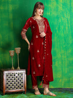 Thread & Sequined Embroidered Velvet Kurta With Pant & Embroidered Dupatta, Maroon - Hiral Fashion - Distacart