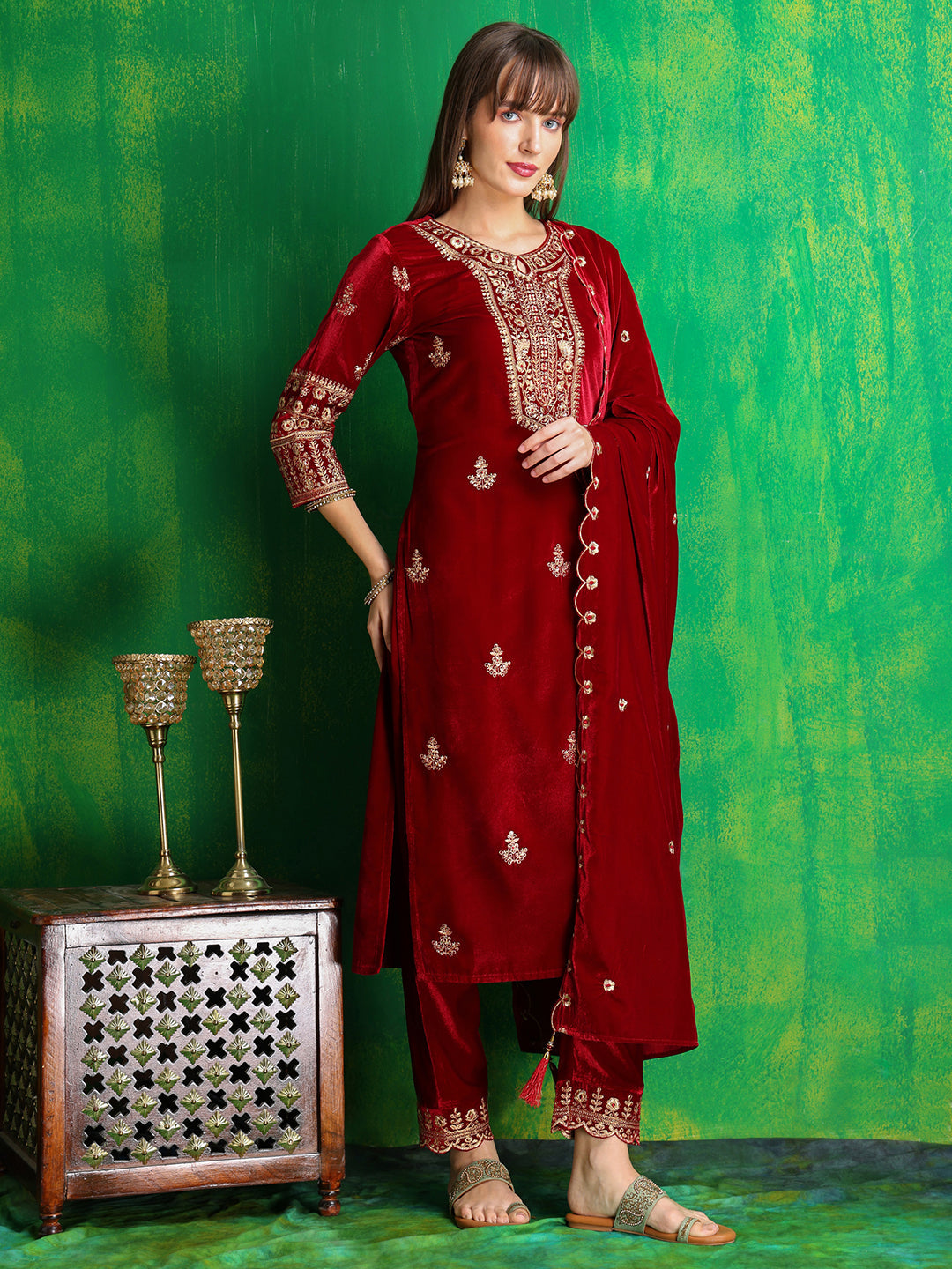 Thread & Sequined Embroidered Velvet Kurta With Pant & Embroidered Dupatta, Maroon - Hiral Fashion - Distacart