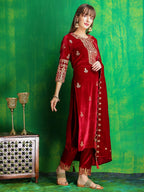 Thread & Sequined Embroidered Velvet Kurta With Pant & Embroidered Dupatta, Maroon - Hiral Fashion - Distacart