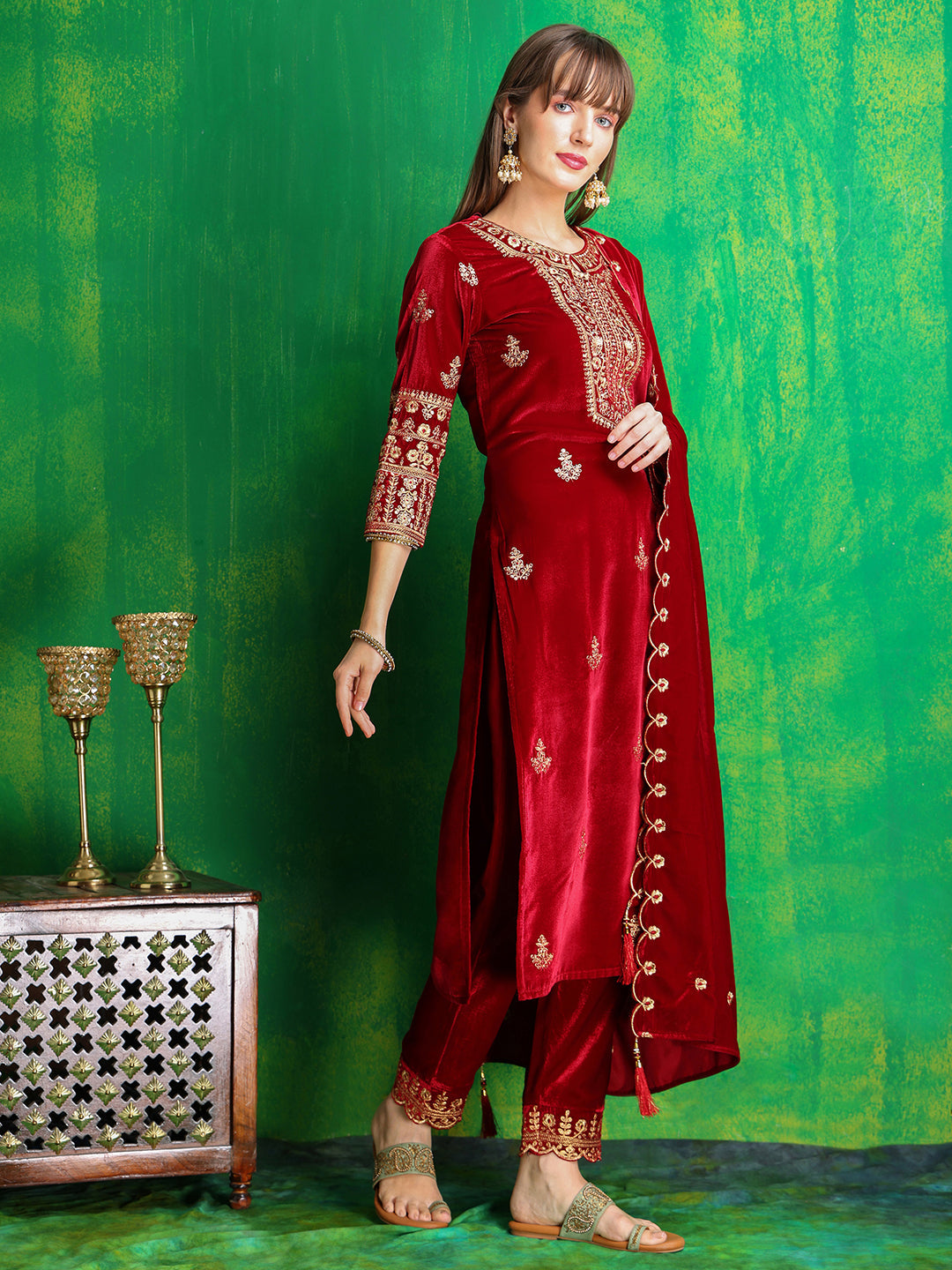Thread & Sequined Embroidered Velvet Kurta With Pant & Embroidered Dupatta, Maroon - Hiral Fashion - Distacart
