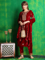 Thread & Sequined Embroidered Velvet Kurta With Pant & Embroidered Dupatta, Maroon - Hiral Fashion - Distacart