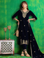 Velvet Embroidered Kurta With Pant & Embroidered Velvet Dupatta, Navy Blue - Hiral Fashion - Distacart
