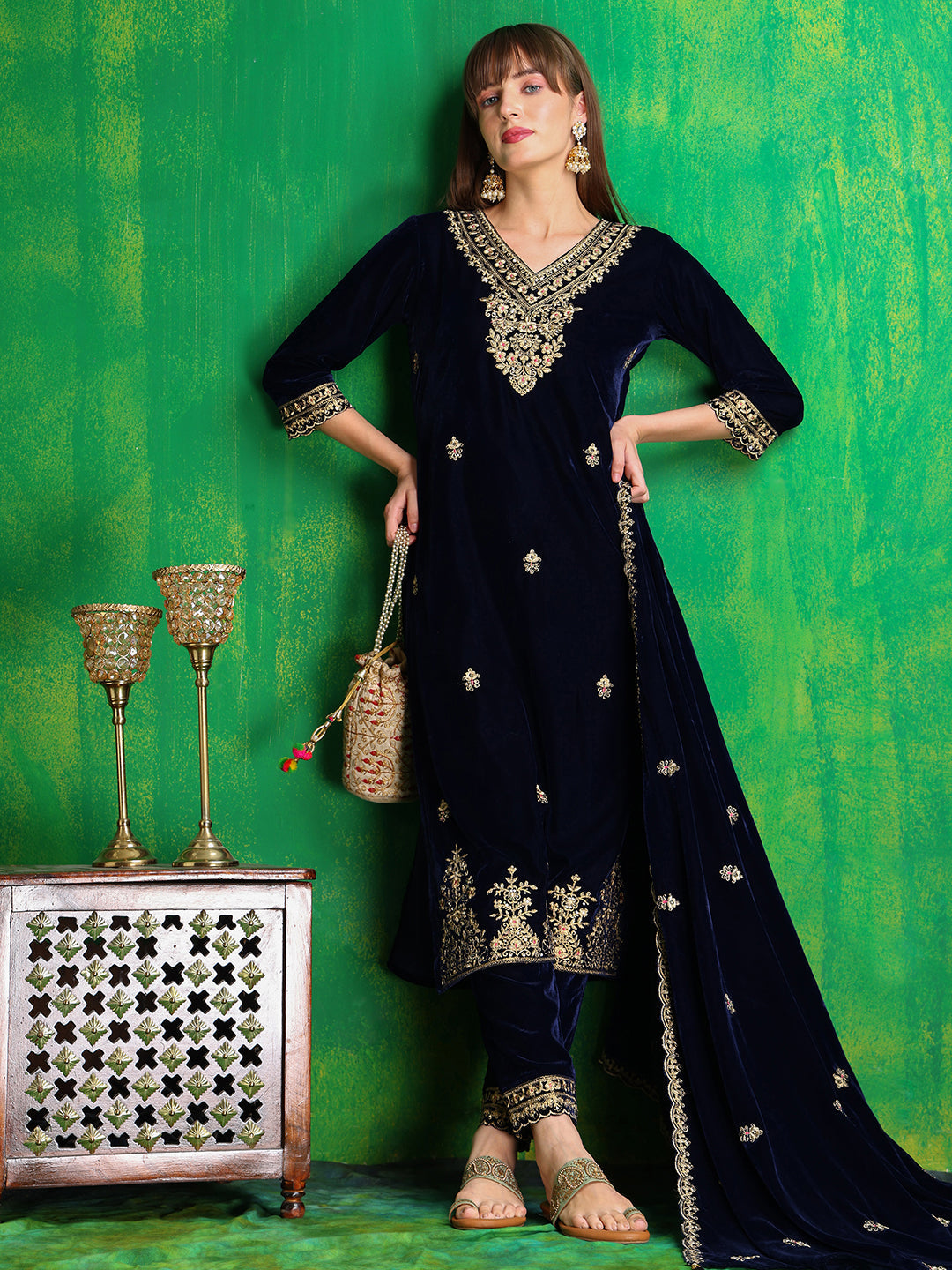 Velvet Embroidered Kurta With Pant & Embroidered Velvet Dupatta, Navy Blue - Hiral Fashion - Distacart