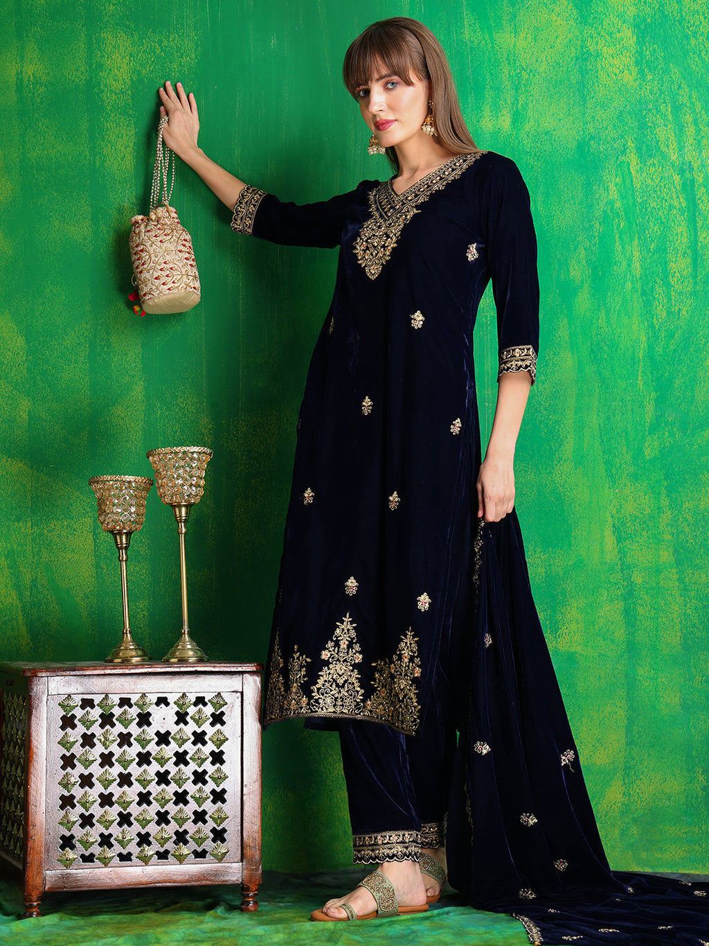 Velvet Embroidered Kurta With Pant & Embroidered Velvet Dupatta, Navy Blue - Hiral Fashion - Distacart