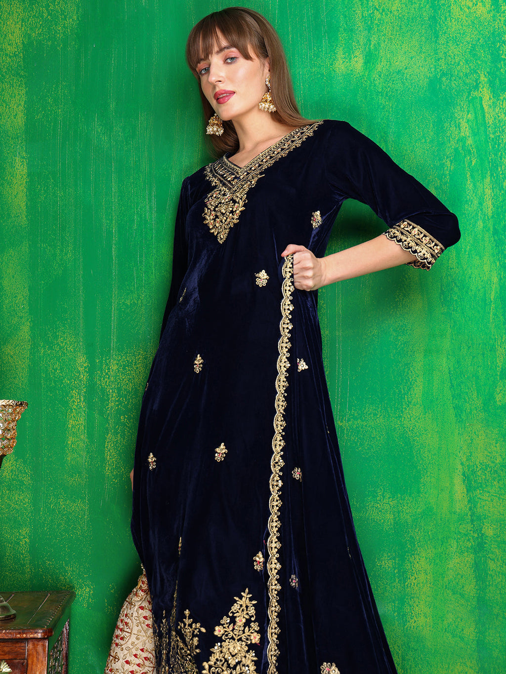 Velvet Embroidered Kurta With Pant & Embroidered Velvet Dupatta, Navy Blue - Hiral Fashion - Distacart