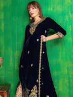 Velvet Embroidered Kurta With Pant & Embroidered Velvet Dupatta, Navy Blue - Hiral Fashion - Distacart