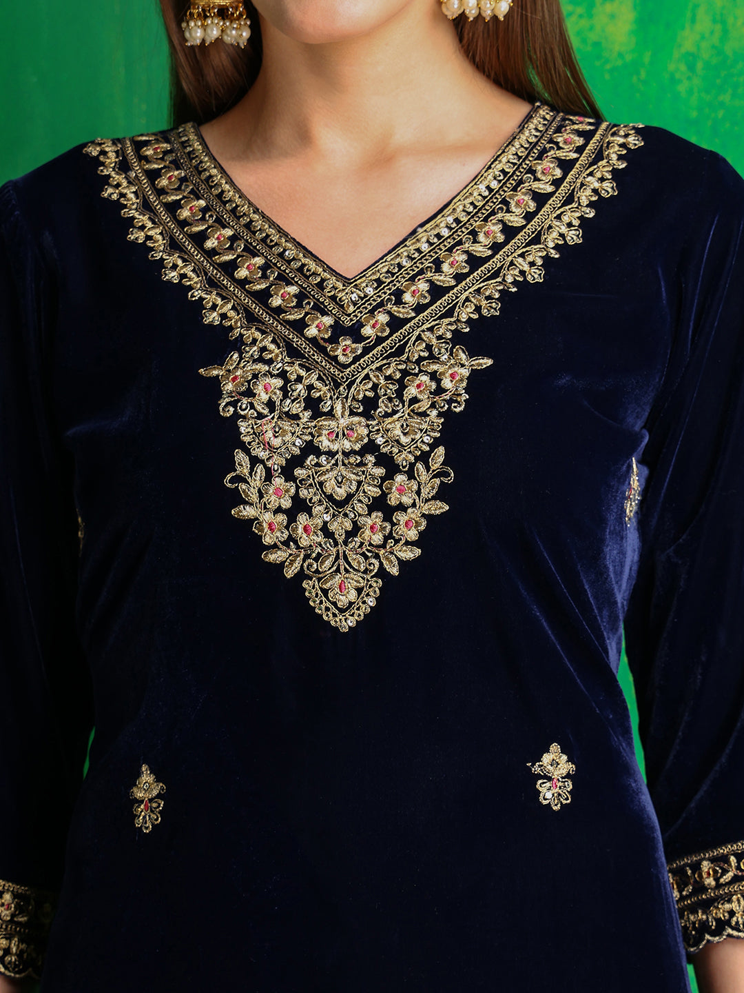 Velvet Embroidered Kurta With Pant & Embroidered Velvet Dupatta, Navy Blue - Hiral Fashion - Distacart