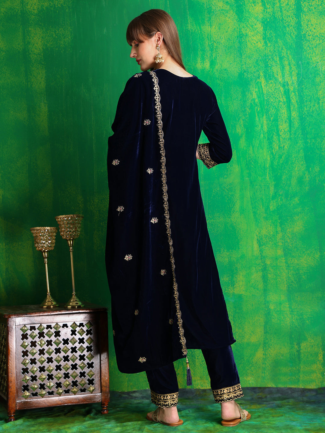 Velvet Embroidered Kurta With Pant & Embroidered Velvet Dupatta, Navy Blue - Hiral Fashion - Distacart