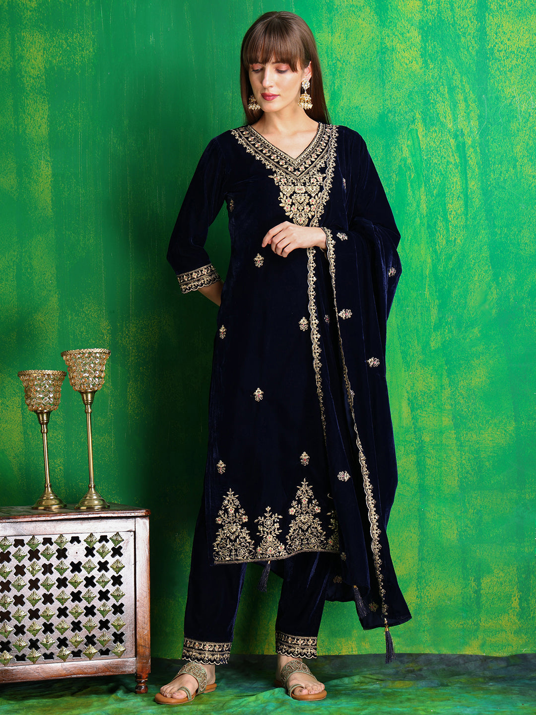 Velvet Embroidered Kurta With Pant & Embroidered Velvet Dupatta, Navy Blue - Hiral Fashion - Distacart