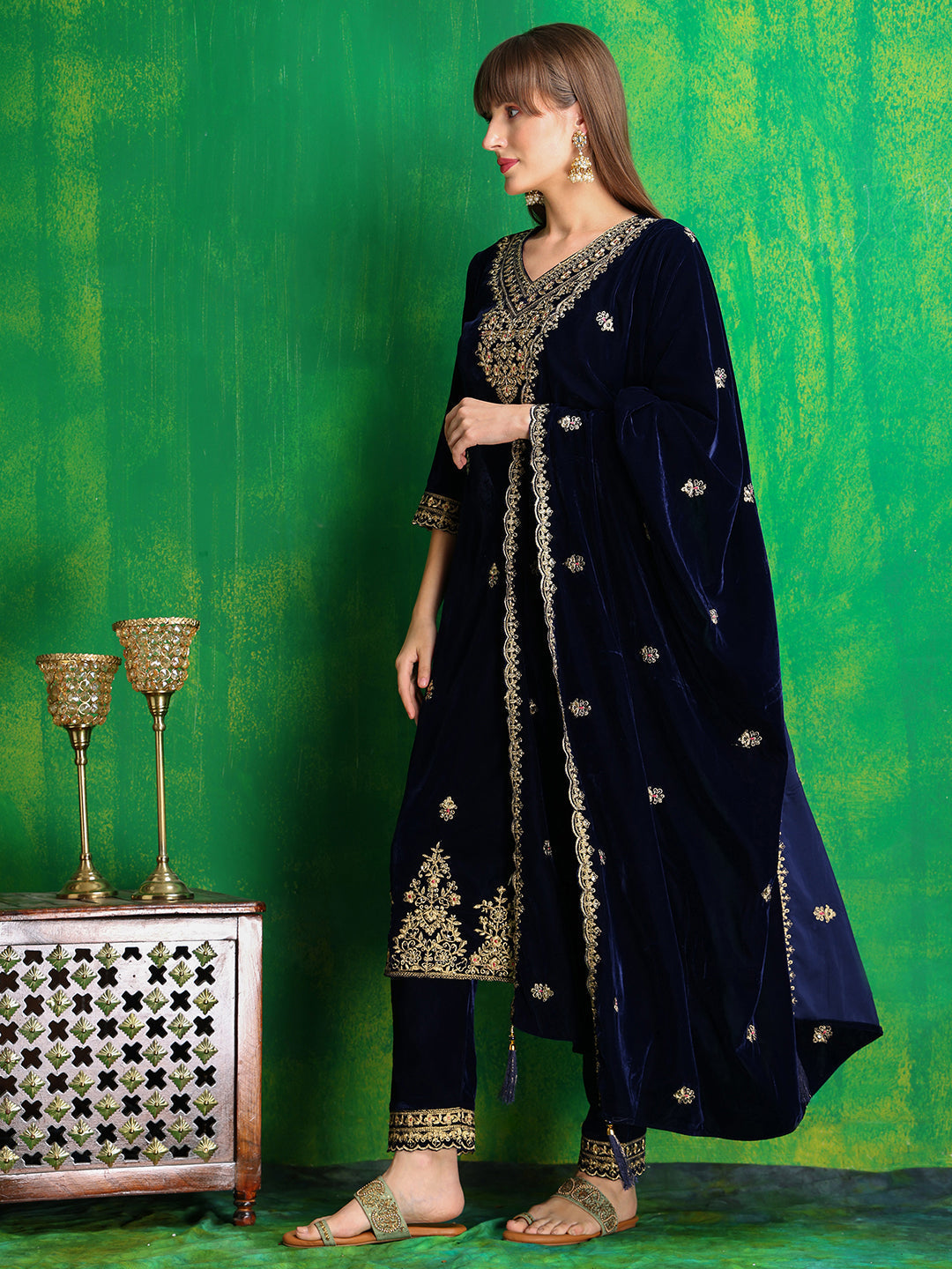 Velvet Embroidered Kurta With Pant & Embroidered Velvet Dupatta, Navy Blue - Hiral Fashion - Distacart