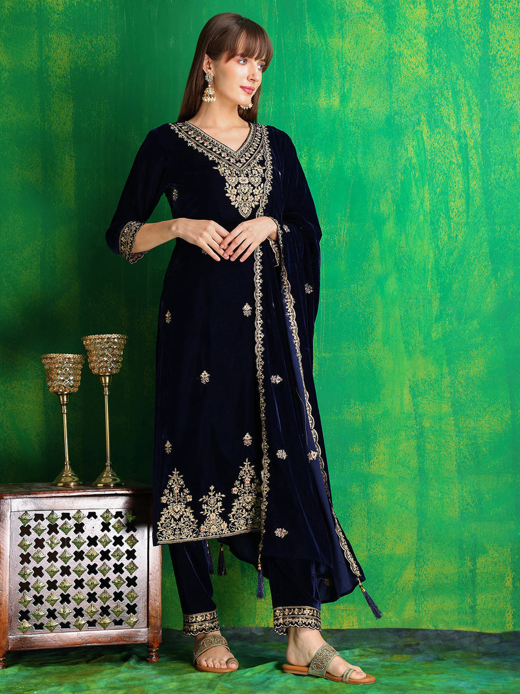 Velvet Embroidered Kurta With Pant & Embroidered Velvet Dupatta, Navy Blue - Hiral Fashion - Distacart