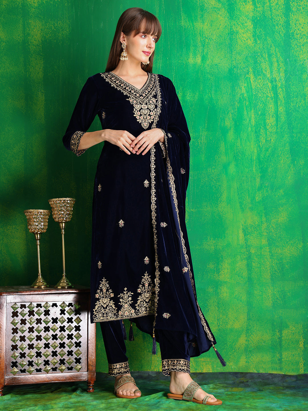 Velvet Embroidered Kurta With Pant & Embroidered Velvet Dupatta, Navy Blue - Hiral Fashion - Distacart
