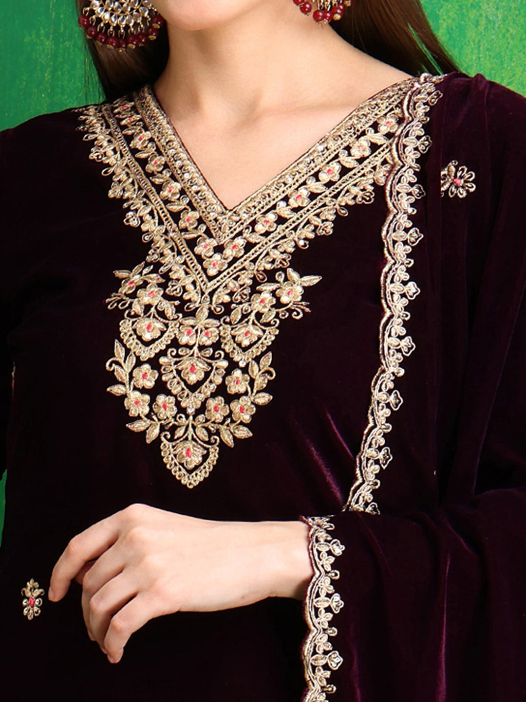 Velvet Embroidered Kurta With Pant & Embroidered Velvet Dupatta, Wine - Hiral Fashion - Distacart