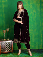 Velvet Embroidered Kurta With Pant & Embroidered Velvet Dupatta, Wine - Hiral Fashion - Distacart