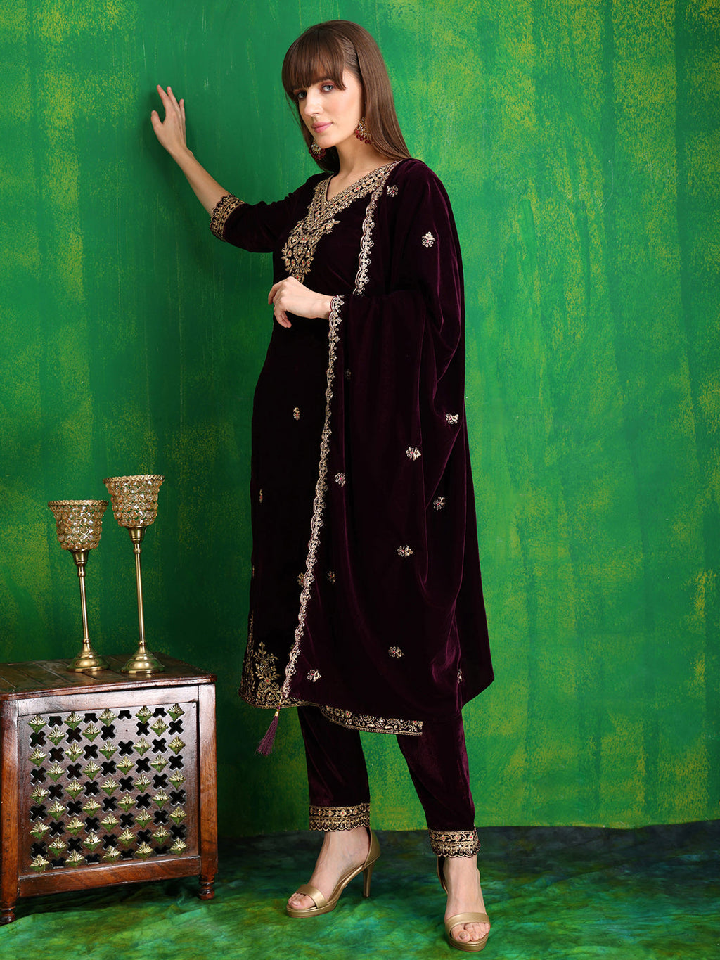 Velvet Embroidered Kurta With Pant & Embroidered Velvet Dupatta, Wine - Hiral Fashion - Distacart