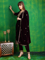 Velvet Embroidered Kurta With Pant & Embroidered Velvet Dupatta, Wine - Hiral Fashion - Distacart