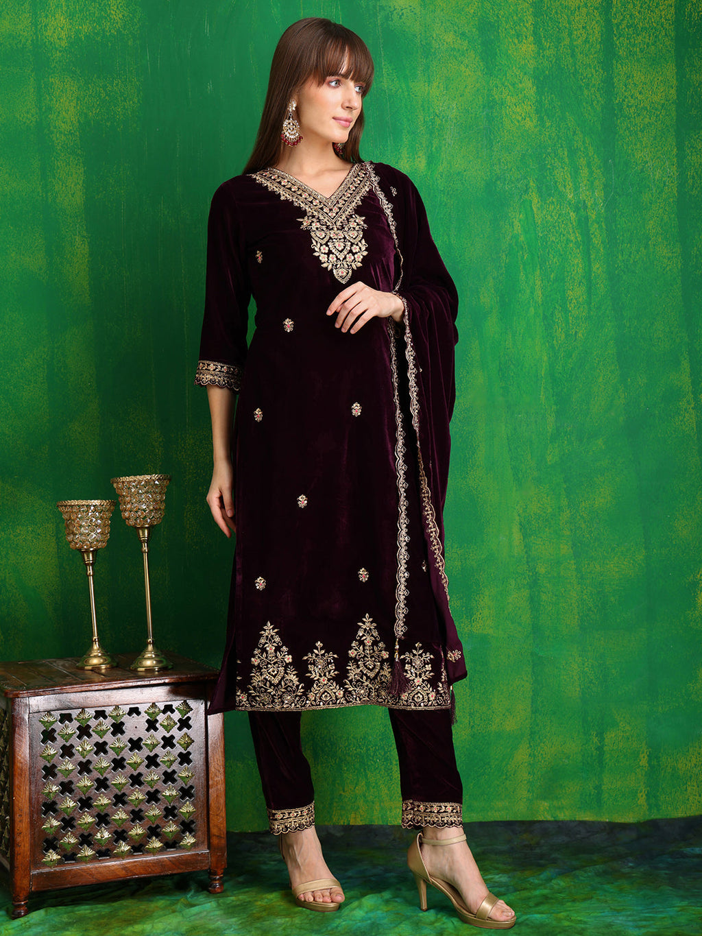 Velvet Embroidered Kurta With Pant & Embroidered Velvet Dupatta, Wine - Hiral Fashion - Distacart