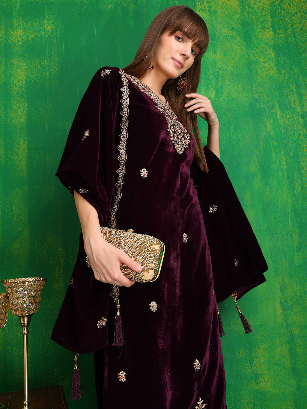 Velvet Embroidered Kurta With Pant & Embroidered Velvet Dupatta, Wine - Hiral Fashion - Distacart