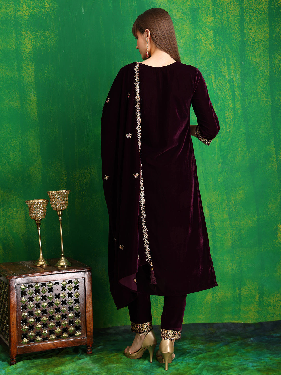 Velvet Embroidered Kurta With Pant & Embroidered Velvet Dupatta, Wine - Hiral Fashion - Distacart