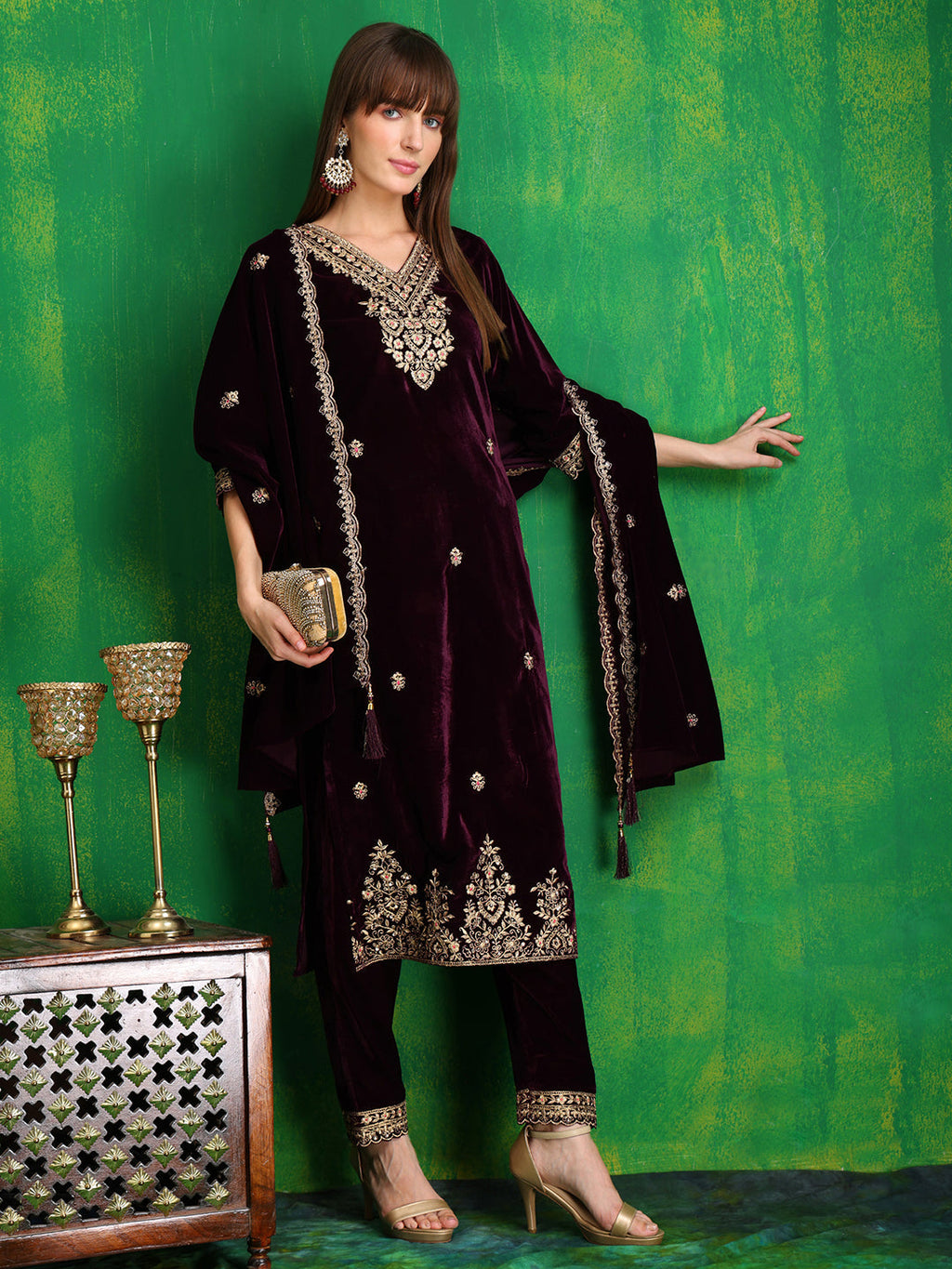 Velvet Embroidered Kurta With Pant & Embroidered Velvet Dupatta, Wine - Hiral Fashion - Distacart