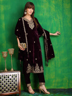 Velvet Embroidered Kurta With Pant & Embroidered Velvet Dupatta, Wine - Hiral Fashion - Distacart