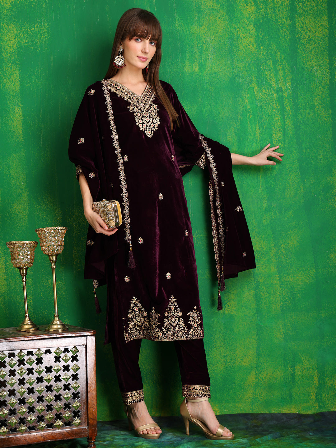 Velvet Embroidered Kurta With Pant & Embroidered Velvet Dupatta, Wine - Hiral Fashion - Distacart