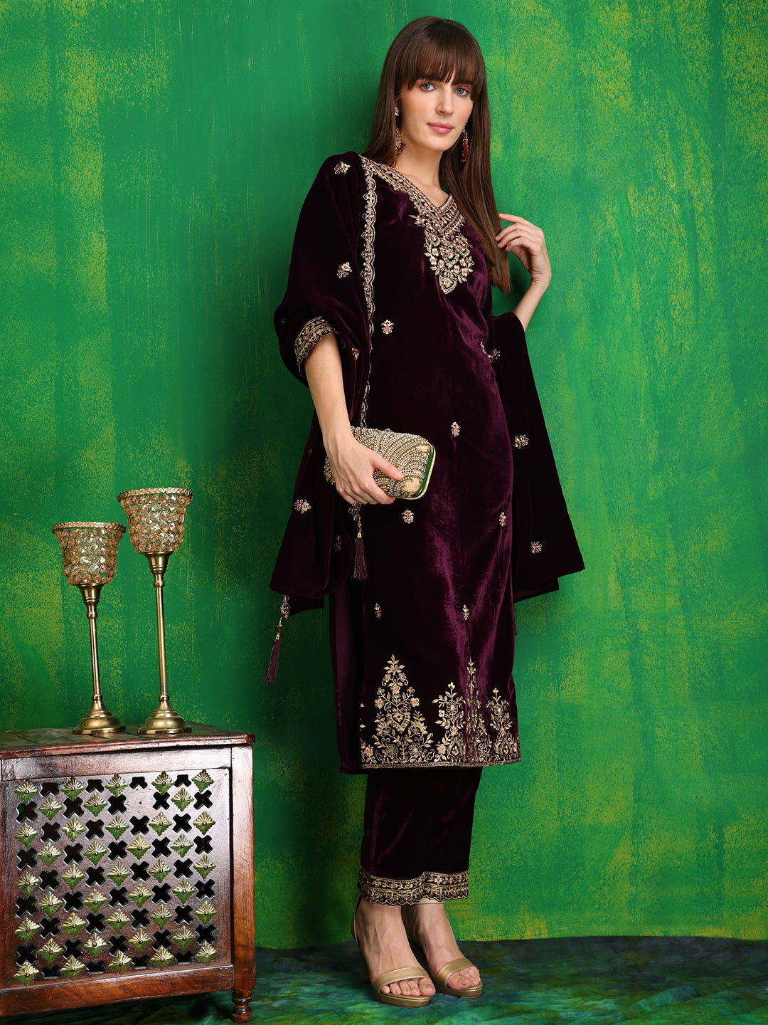 Velvet Embroidered Kurta With Pant & Embroidered Velvet Dupatta, Wine - Hiral Fashion - Distacart