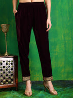 Velvet Embroidered Kurta With Pant & Embroidered Velvet Dupatta, Wine - Hiral Fashion - Distacart