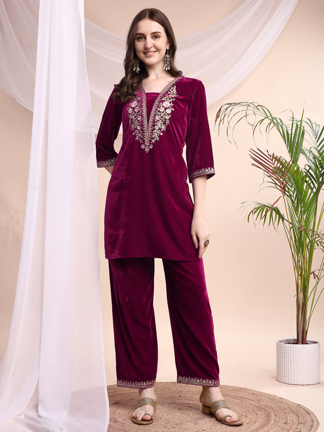 Embroidered Velvet Co-Ords, Pink - Hiral Fashion - Distacart