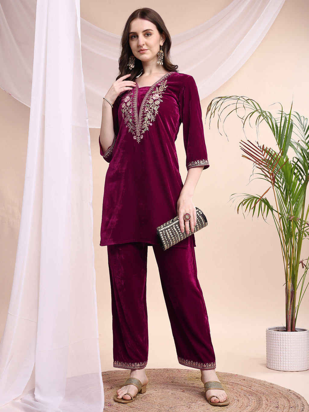 Embroidered Velvet Co-Ords, Pink - Hiral Fashion - Distacart