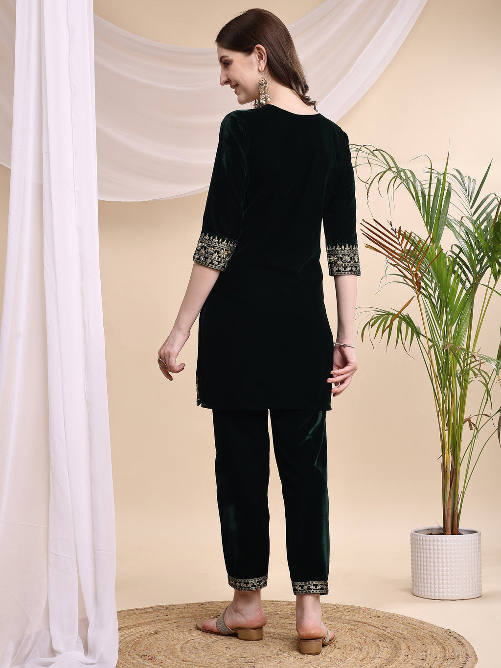Embroidered Velvet Co-Ords, Bottle-Green - Hiral Fashion - Distacart