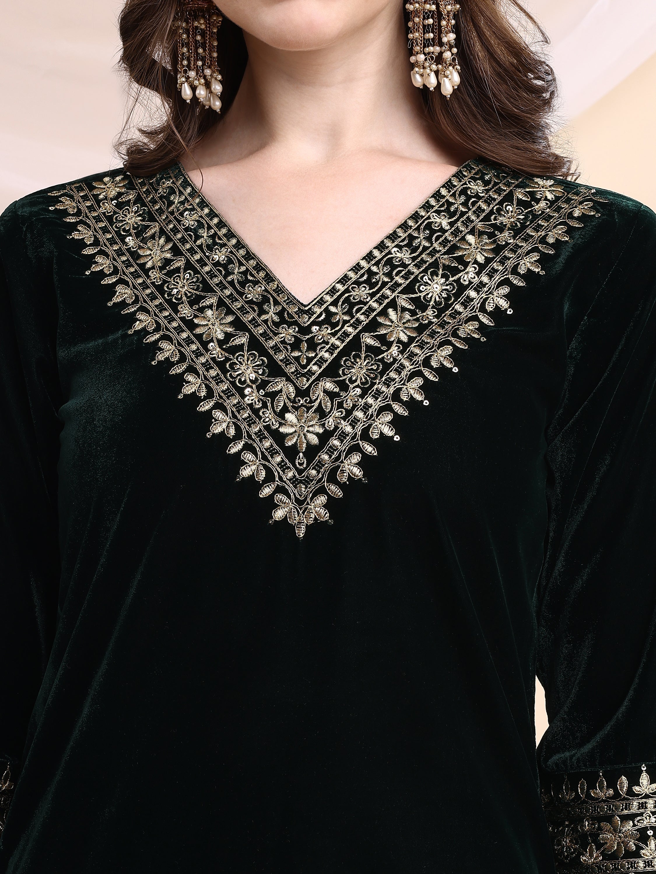 Embroidered Velvet Co-Ords, Bottle-Green - Hiral Fashion - Distacart