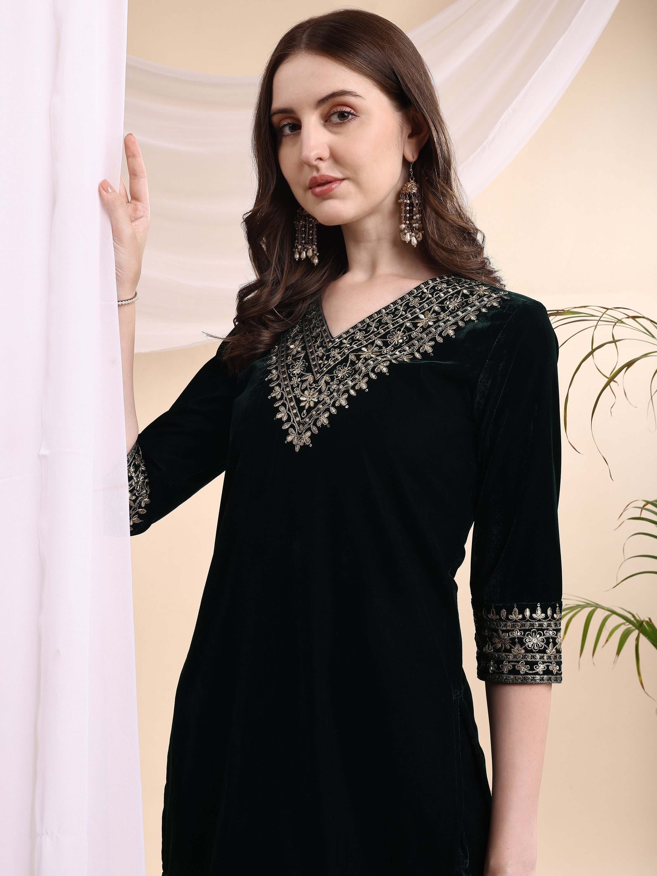 Embroidered Velvet Co-Ords, Bottle-Green - Hiral Fashion - Distacart