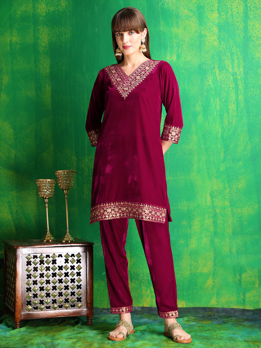 Embroidered Velvet Co-Ords, Pink - Hiral Fashion - Distacart