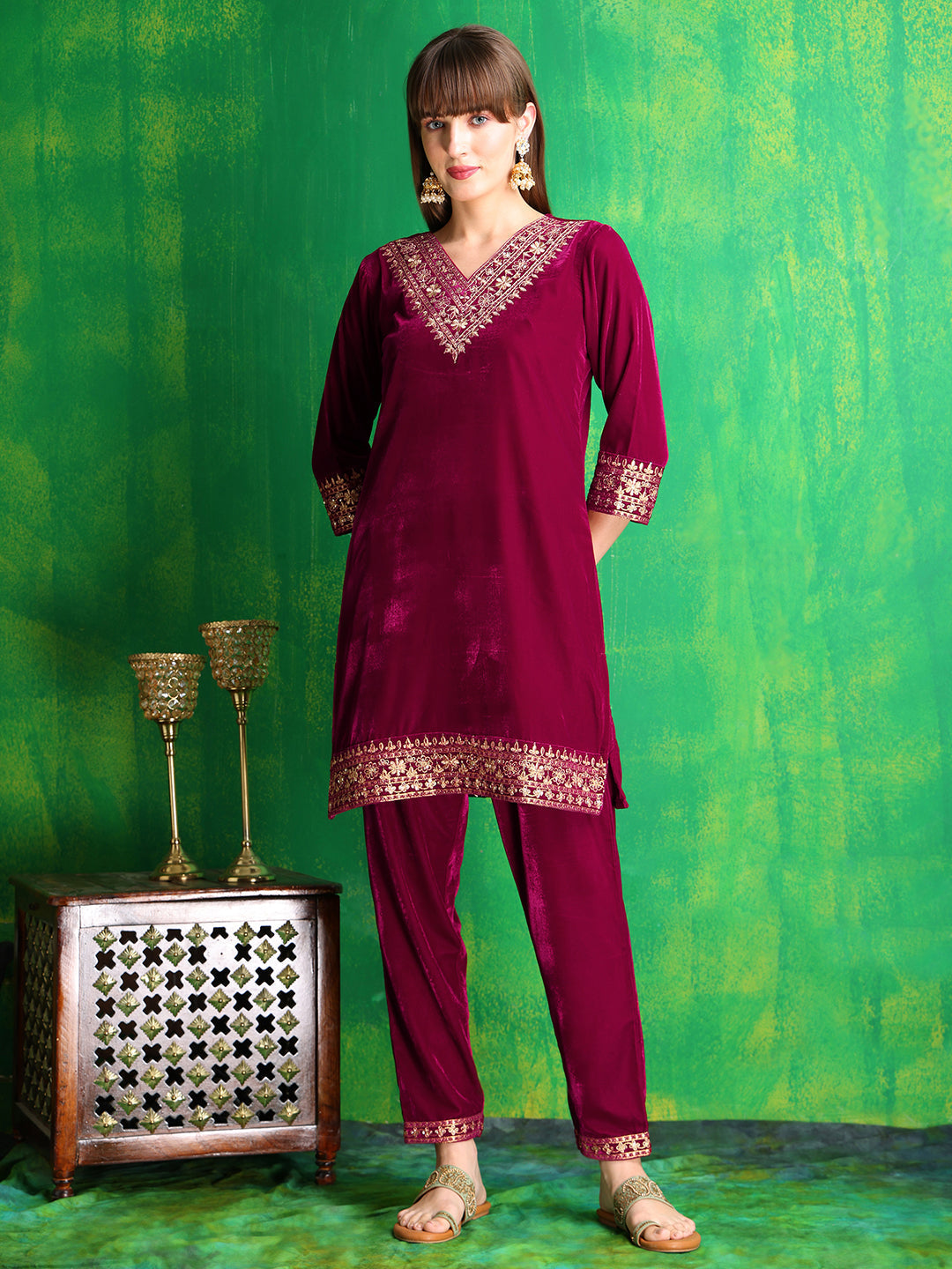 Embroidered Velvet Co-Ords, Pink - Hiral Fashion - Distacart