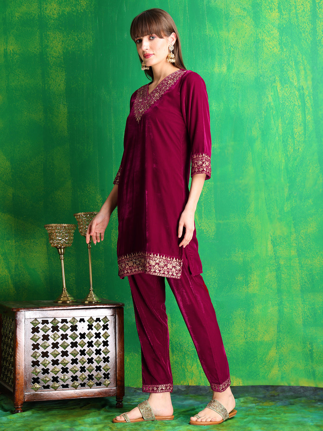 Embroidered Velvet Co-Ords, Pink - Hiral Fashion - Distacart