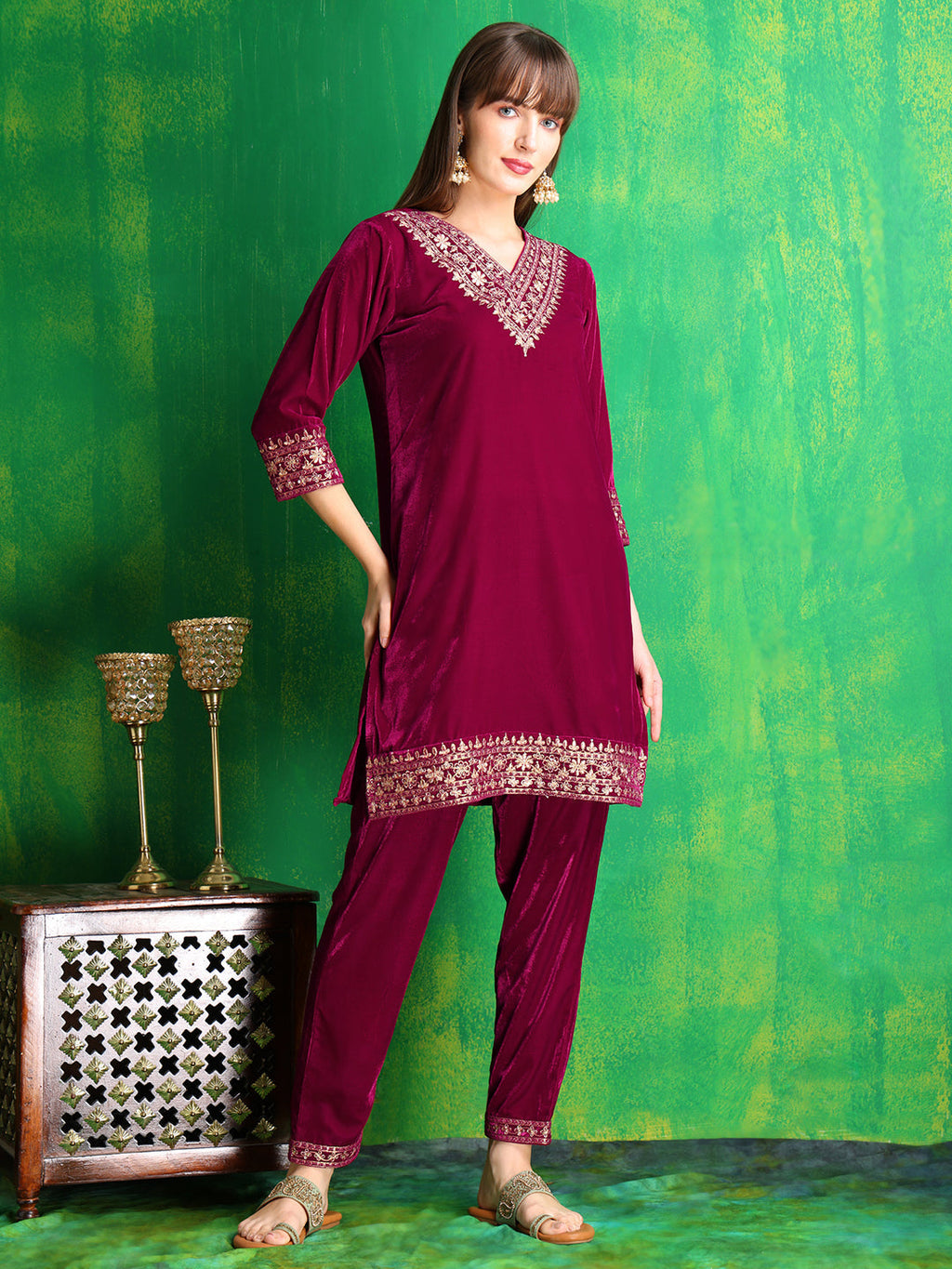 Embroidered Velvet Co-Ords, Pink - Hiral Fashion - Distacart