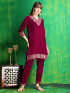 Embroidered Velvet Co-Ords, Pink - Hiral Fashion - Distacart
